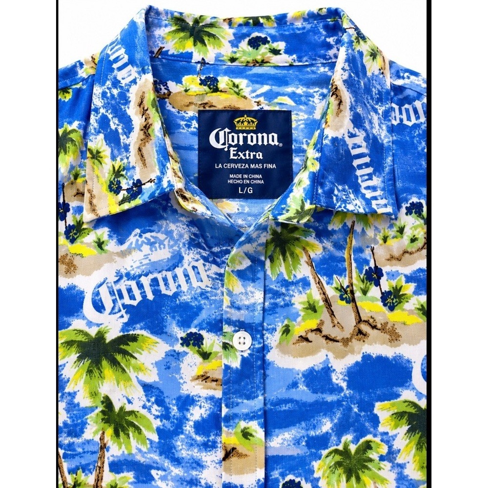 Corona Extra Tropical Island Button-Up Hawaiian Shirt Mens M Palm Trees Beer - Picture 2 of 5